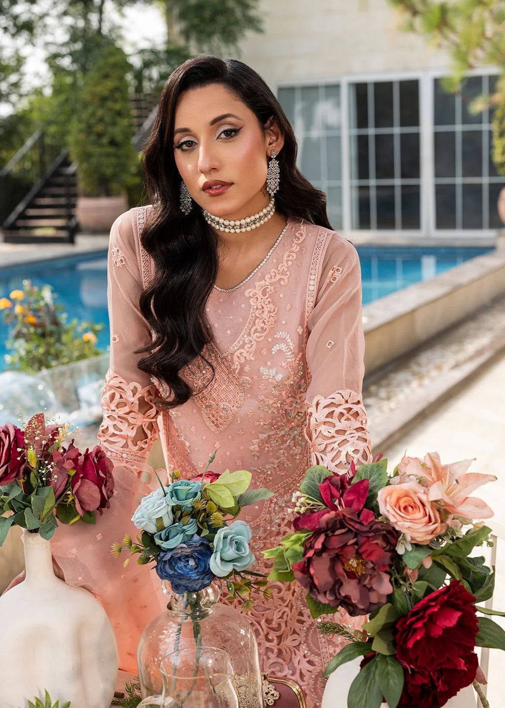 Peach Pink Soft Organza Embellished Suit