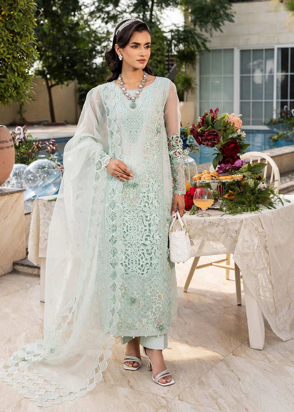 Mint Green Soft Organza Embellished Suit