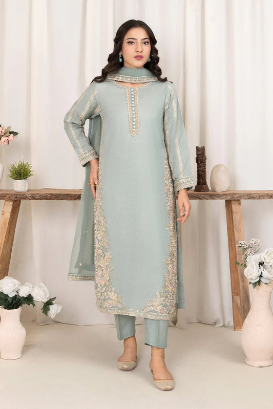 Pastel Green Embellished Raw Silk Suit