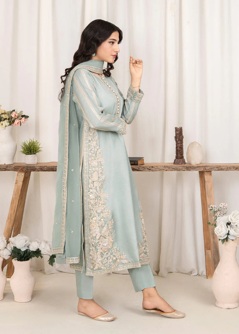 Pastel Green Embellished Raw Silk Suit