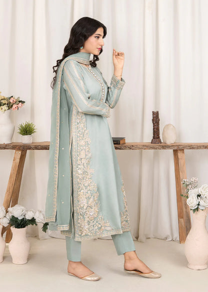 Pastel Green Embellished Raw Silk Suit