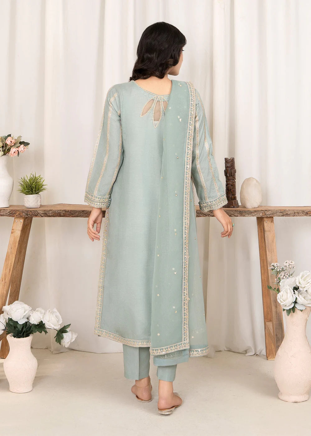 Pastel Green Embellished Raw Silk Suit