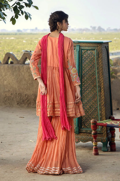 Peach Orange Paper Cotton Peplum Top with Gharara