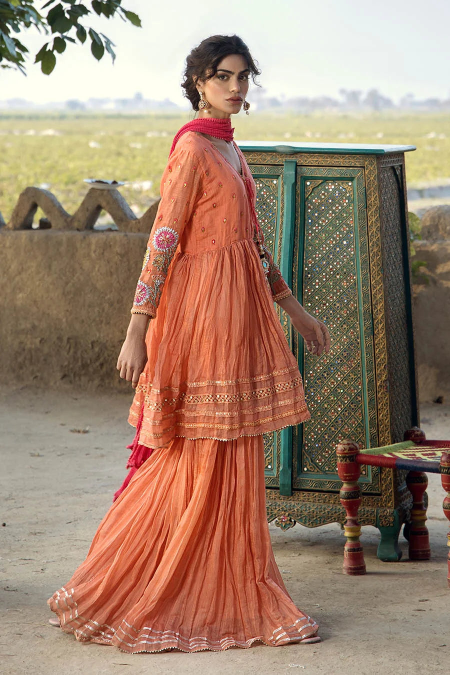 Peach Orange Paper Cotton Peplum Top with Gharara