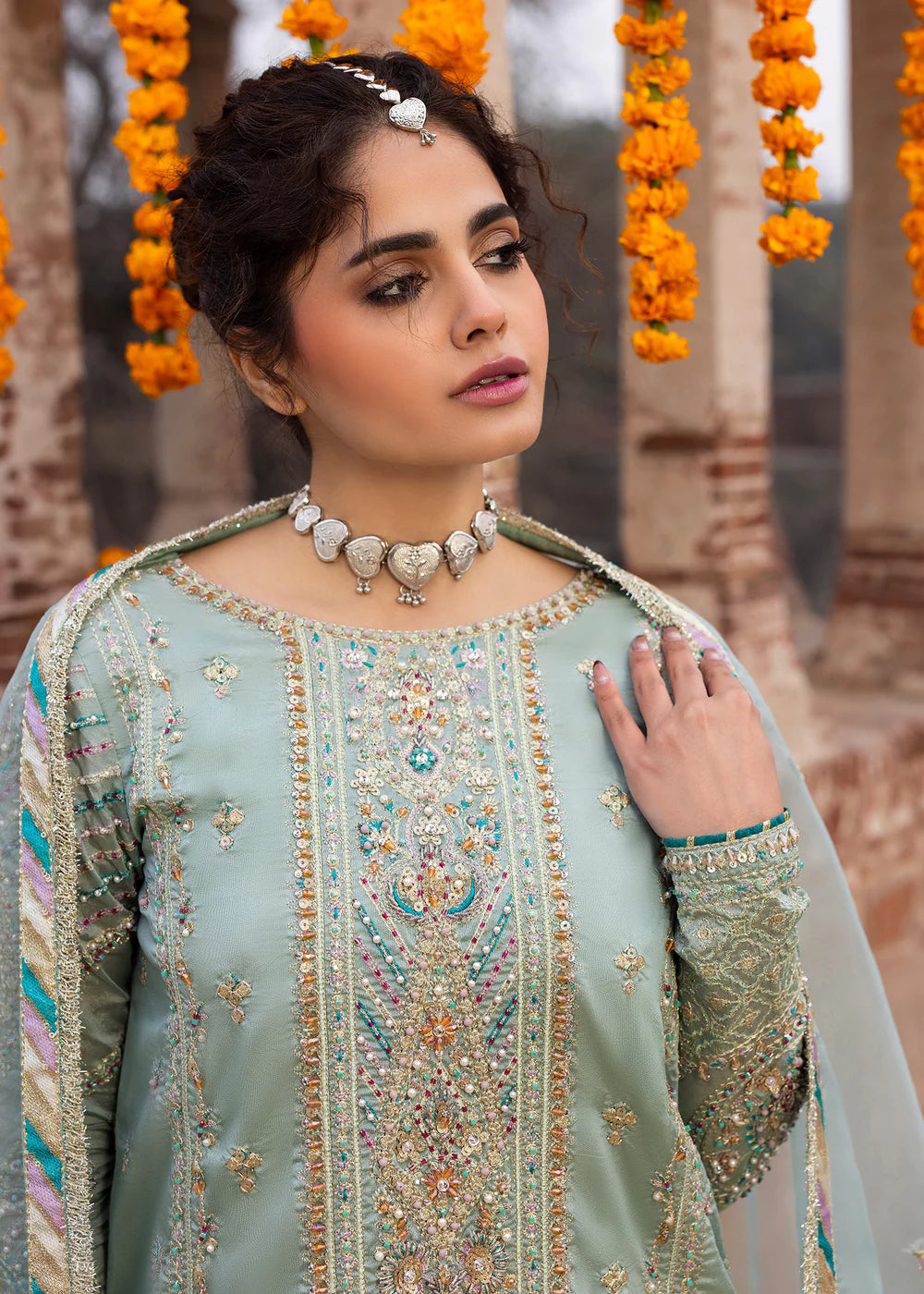 Light Cyan Embellished Silk Jamawar Sharara