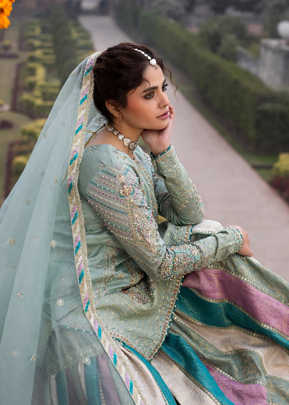 Light Cyan Embellished Silk Jamawar Sharara