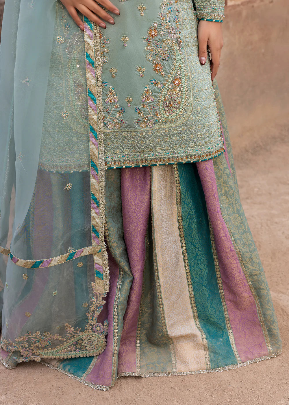 Light Cyan Embellished Silk Jamawar Sharara