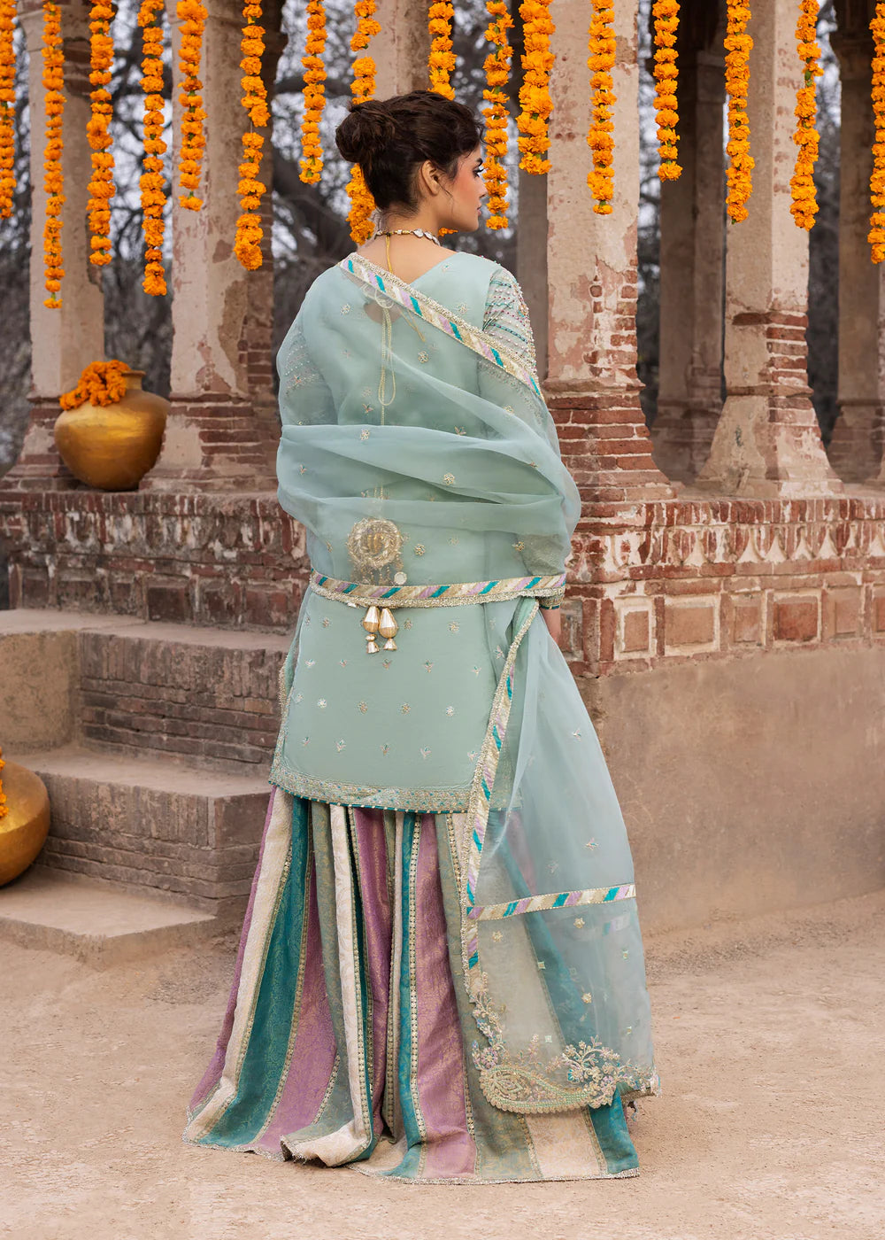 Light Cyan Embellished Silk Jamawar Sharara