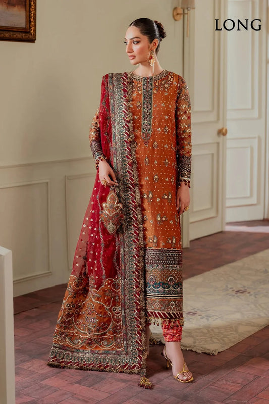 Rust Orange Chiffon Embroidered Partywear Suit with Zari Work
