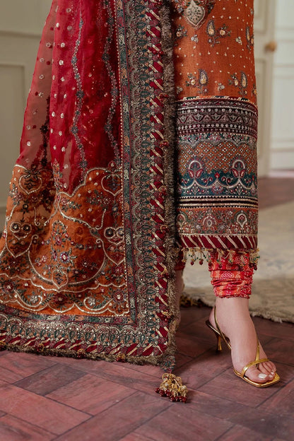 Rust Orange Chiffon Embroidered Partywear Suit with Zari Work