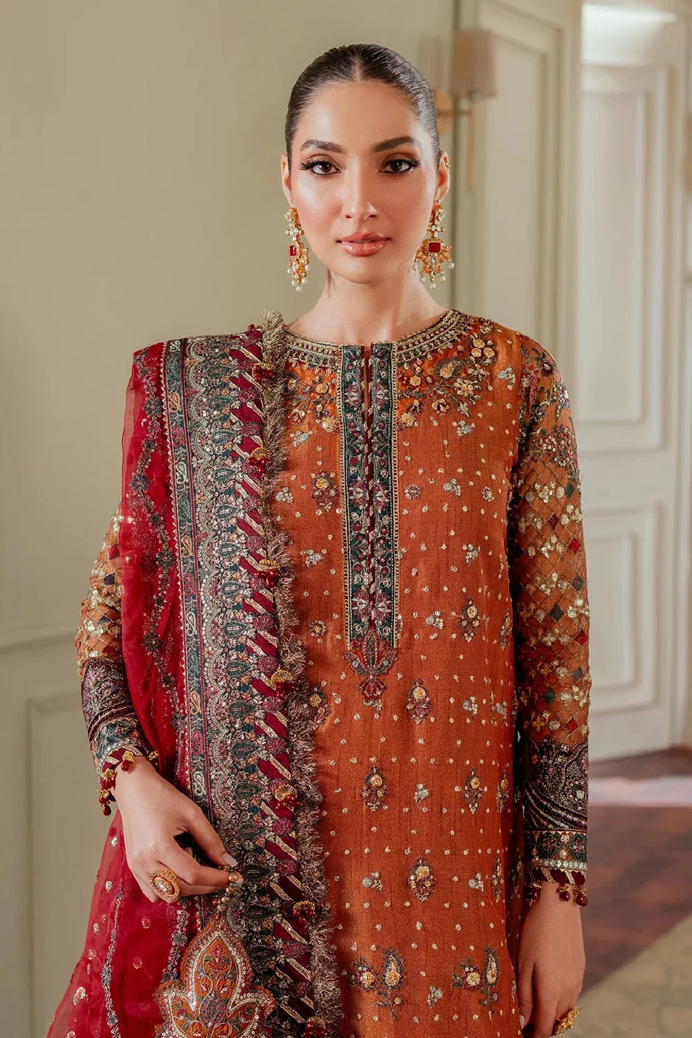 Rust Orange Chiffon Embroidered Partywear Suit with Zari Work