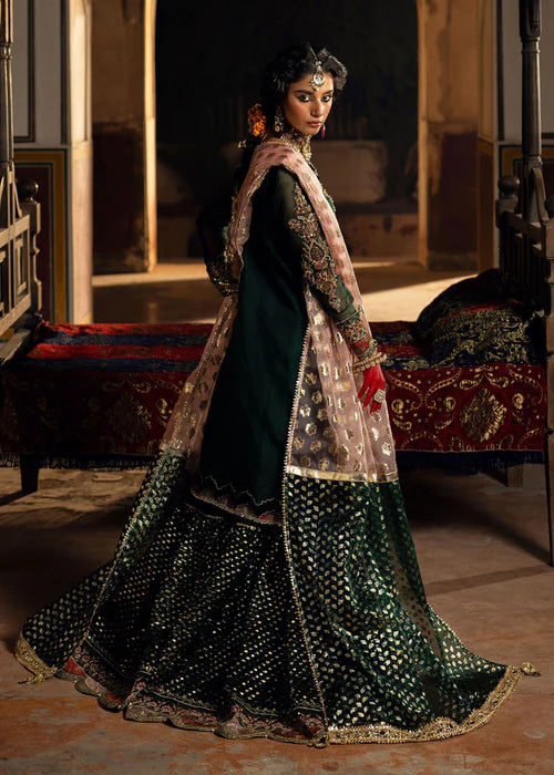 Emerald Green Embellished Organza Flared Gharara