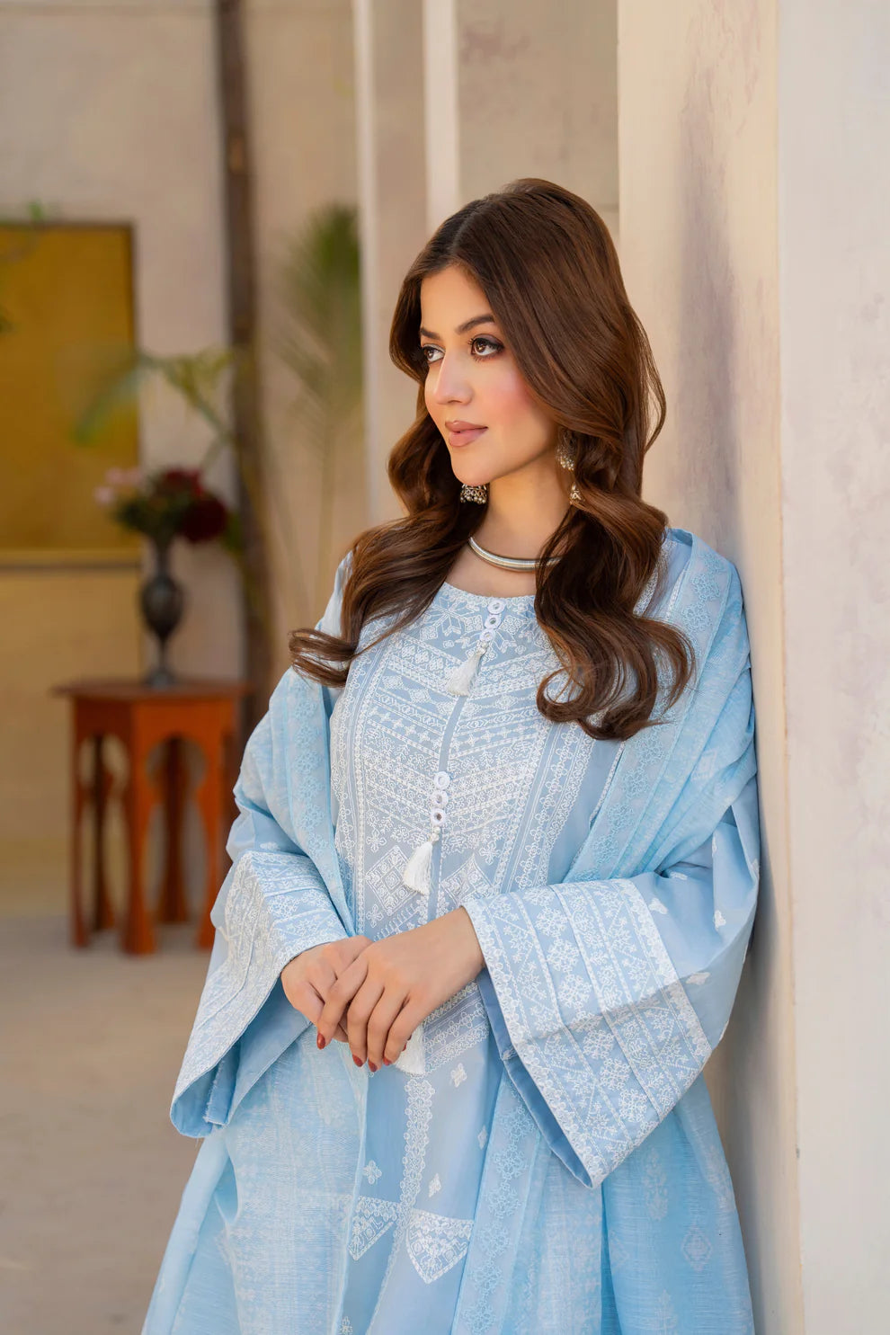 Cloud Blue Pure Cotton Suit with Matte Thread Work