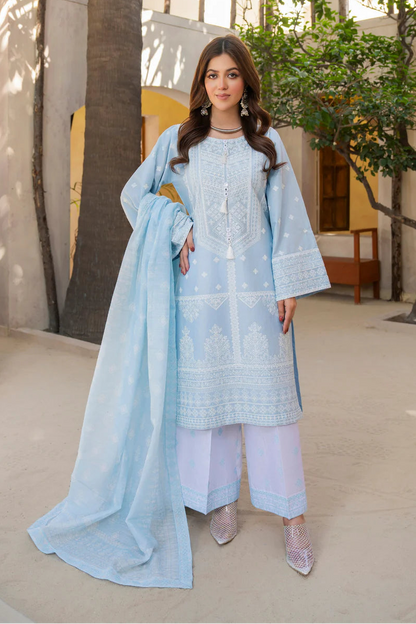 Cloud Blue Pure Cotton Suit with Matte Thread Work