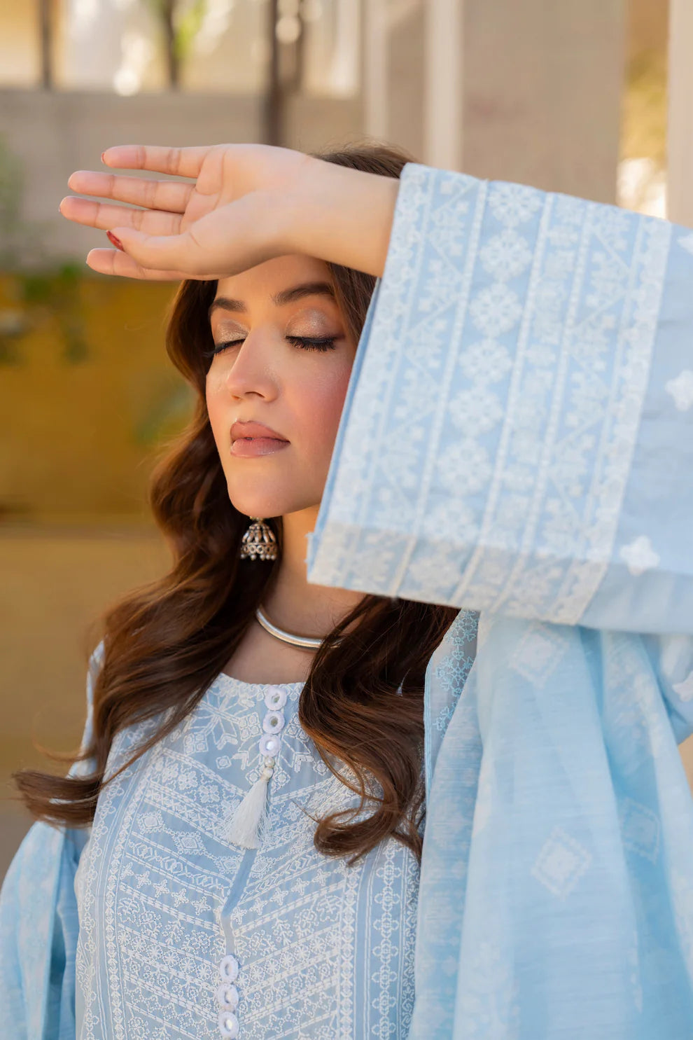 Cloud Blue Pure Cotton Suit with Matte Thread Work