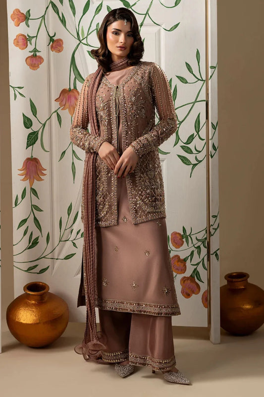 Hand Embellished Net Jacket Suit in Tea Rose Pink