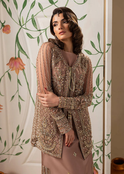 Hand Embellished Net Jacket Suit in Tea Rose Pink