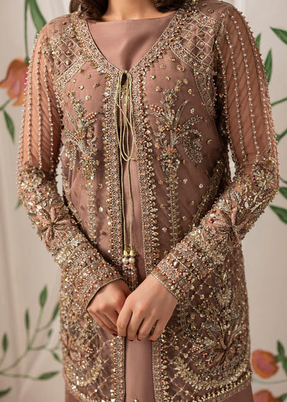 Hand Embellished Net Jacket Suit in Tea Rose Pink