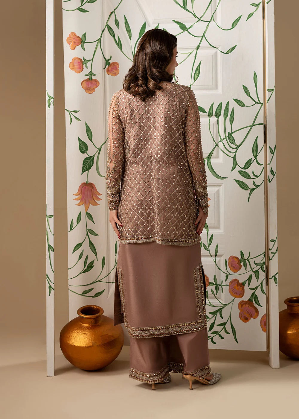 Hand Embellished Net Jacket Suit in Tea Rose Pink