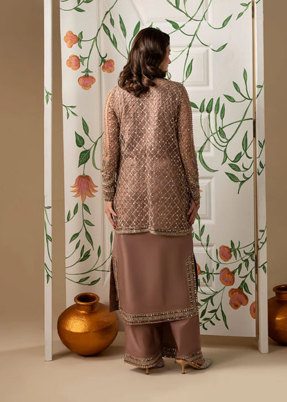 Hand Embellished Net Jacket Suit in Tea Rose Pink
