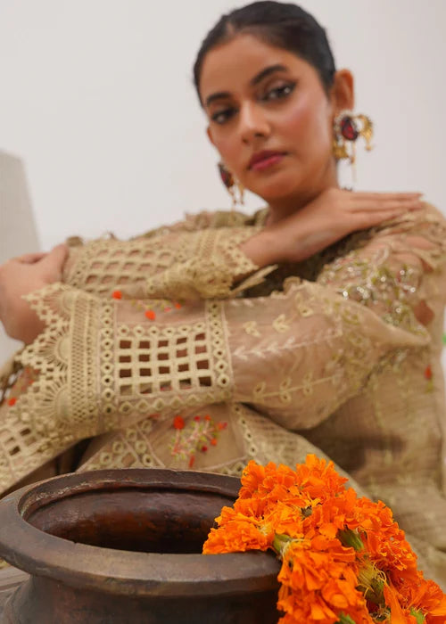 Beige Embellished Suit with Cutwork Details