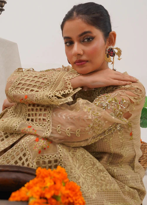 Beige Embellished Suit with Cutwork Details