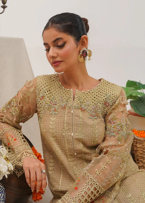 Beige Embellished Suit with Cutwork Details