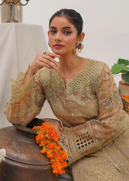 Beige Embellished Suit with Cutwork Details