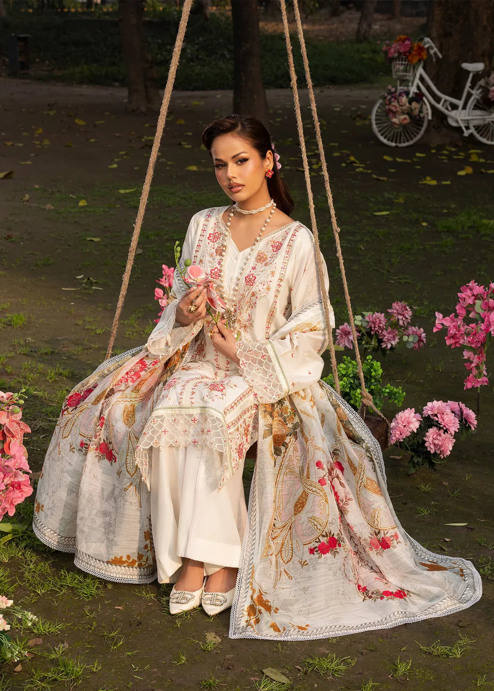 Ivory Lawn Suit with Patchwork Embroidery