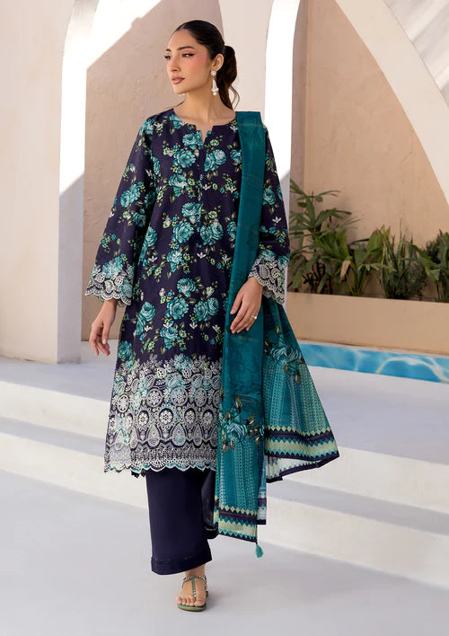 Navy Blue Printed Chikankari Lawn Kurta Set with Dupatta