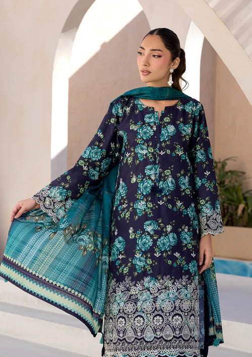 Navy Blue Printed Chikankari Lawn Kurta Set with Dupatta