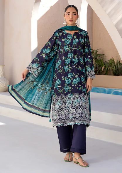 Navy Blue Printed Chikankari Lawn Kurta Set with Dupatta