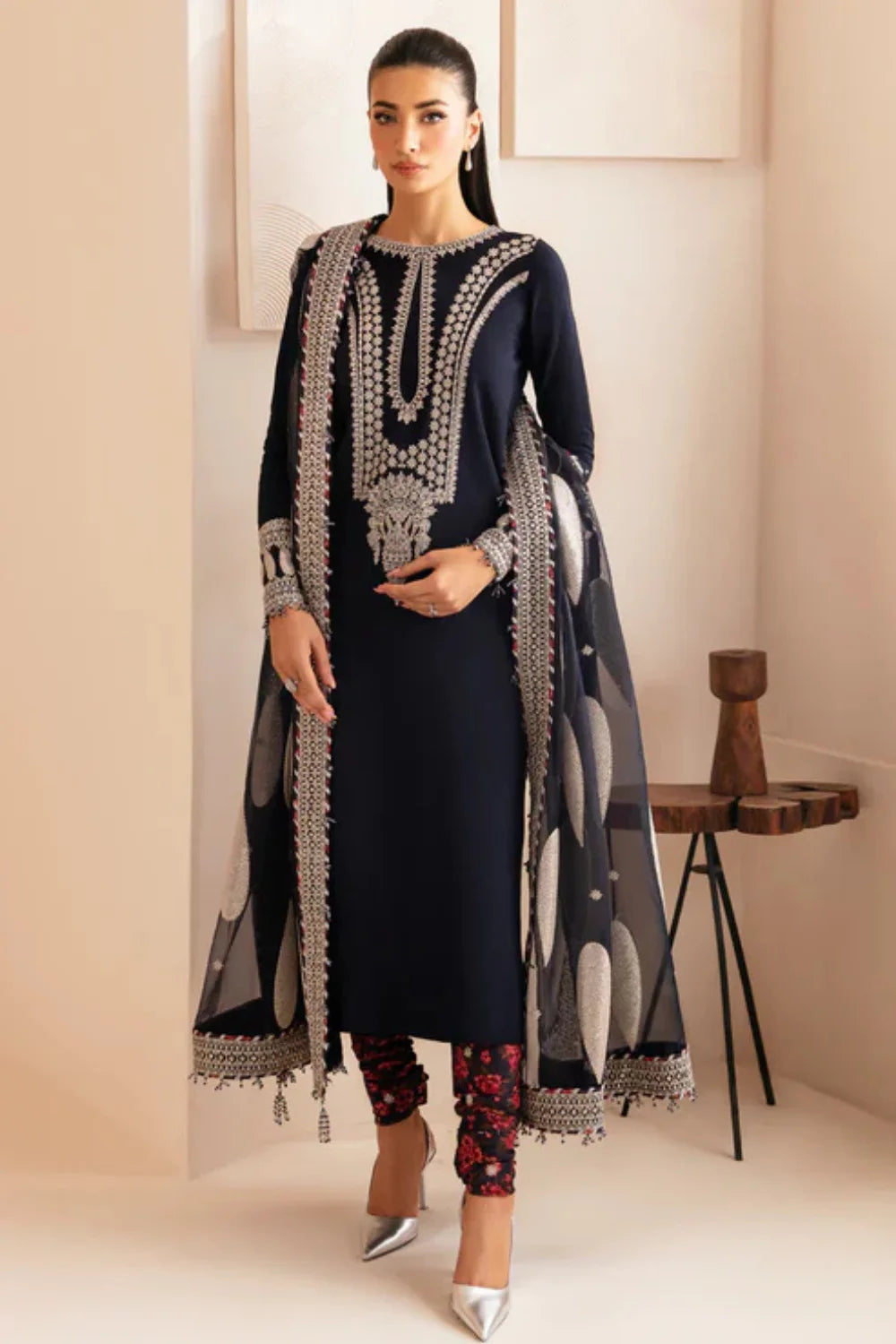 Navy Blue Pure Raw Silk Handmade Partywear Suit