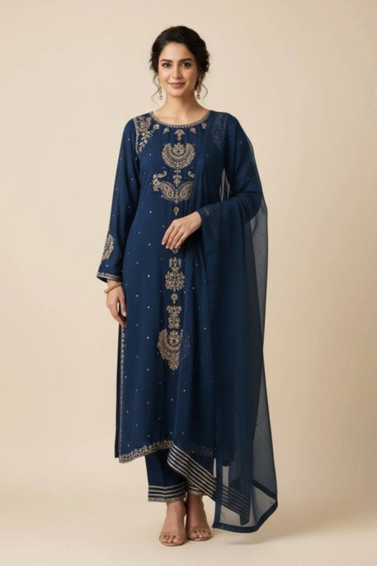 Zinc Blue Handmade Pure Velvet Suit