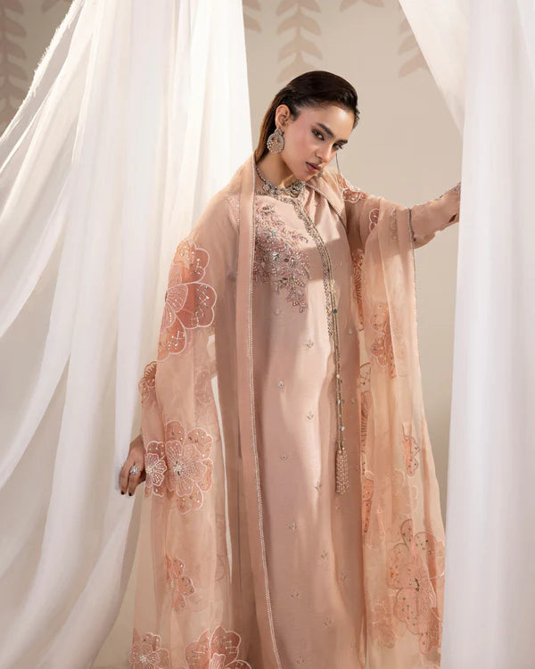 Elegant Tea Rose Pink Embellished Raw Silk Suit