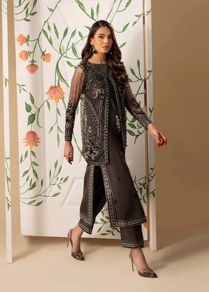 Hand Embellished Net Jacket Suit in Charcoal Black