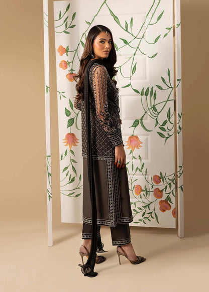 Hand Embellished Net Jacket Suit in Charcoal Black