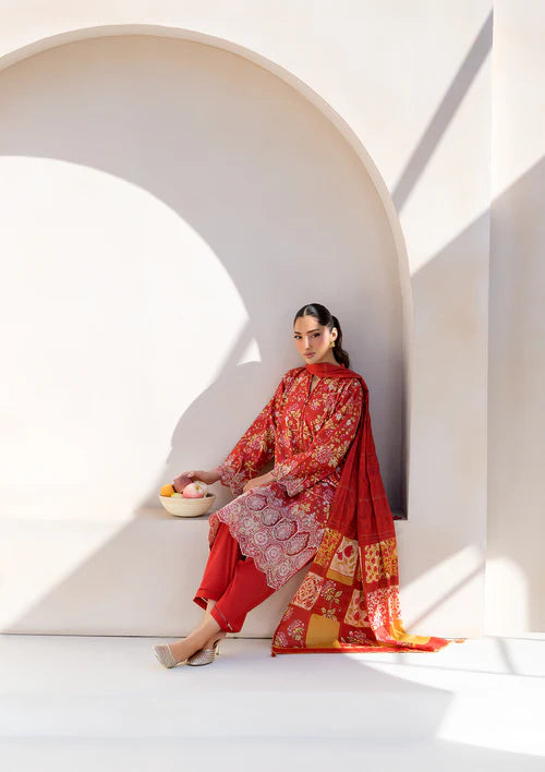 Red Printed Chikankari Lawn Kurta Set with Dupatta