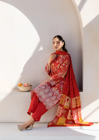 Red Printed Chikankari Lawn Kurta Set with Dupatta