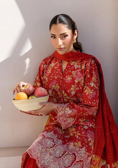 Red Printed Chikankari Lawn Kurta Set with Dupatta