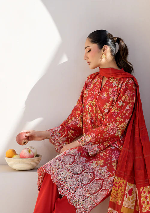 Red Printed Chikankari Lawn Kurta Set with Dupatta