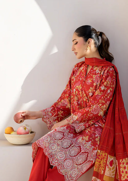 Red Printed Chikankari Lawn Kurta Set with Dupatta