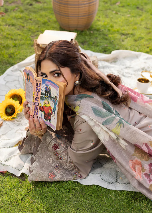Mouse Grey Lawn Suit with Short Shirt & Patchwork Embroidery