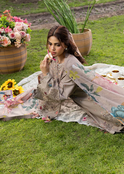 Mouse Grey Lawn Suit with Short Shirt & Patchwork Embroidery