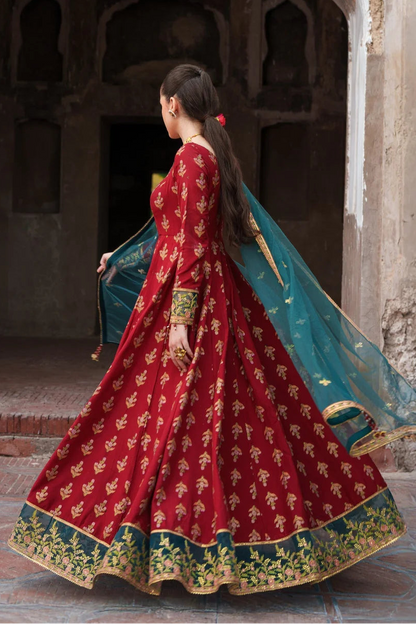 Printed Embroidered Maroon Pishwas On Raw Silk