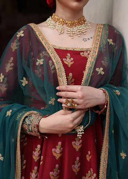 Printed Embroidered Maroon Pishwas On Raw Silk