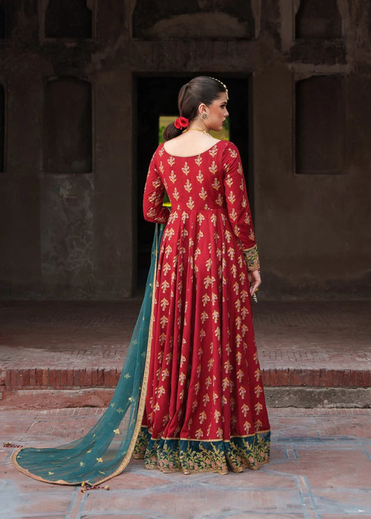 Printed Embroidered Maroon Pishwas On Raw Silk