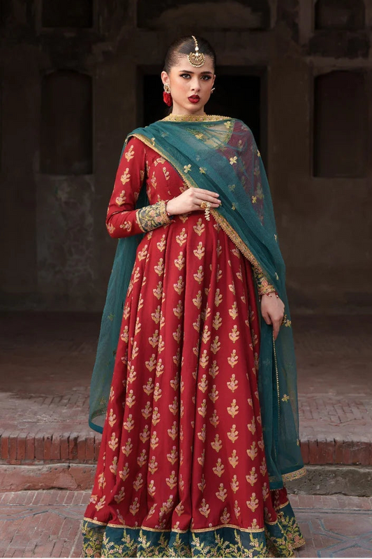 Printed Embroidered Maroon Pishwas On Raw Silk