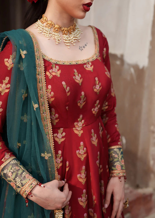 Printed Embroidered Maroon Pishwas On Raw Silk