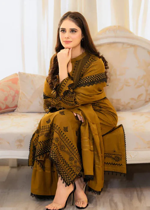 Earthy Yellow Heavy Embroidered Winter Kurta Set with Dupatta